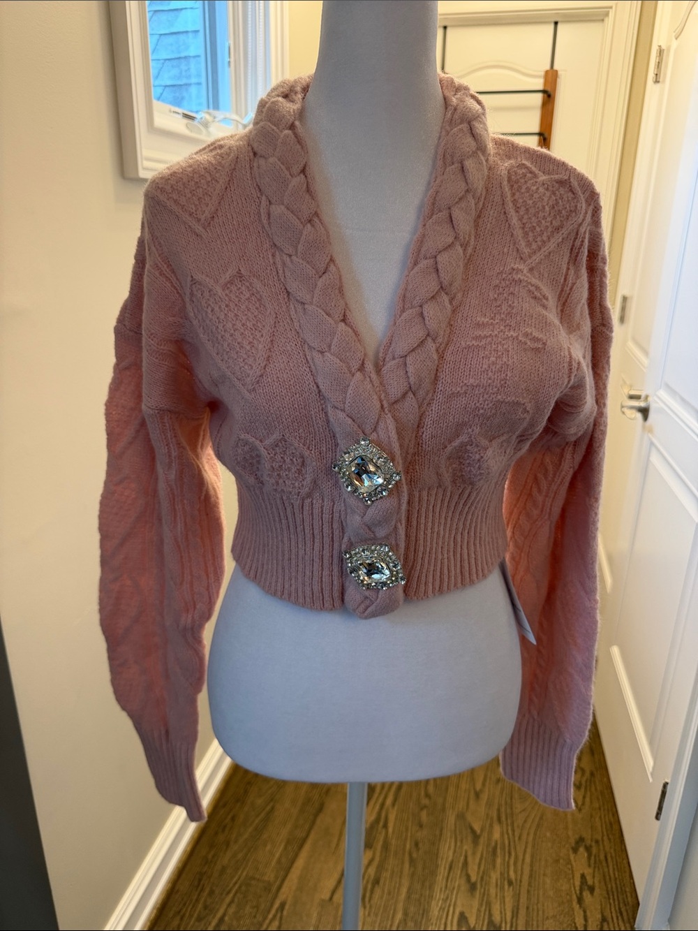 Cropped Blush Cable-Knit Cardigan with Jeweled Buttons